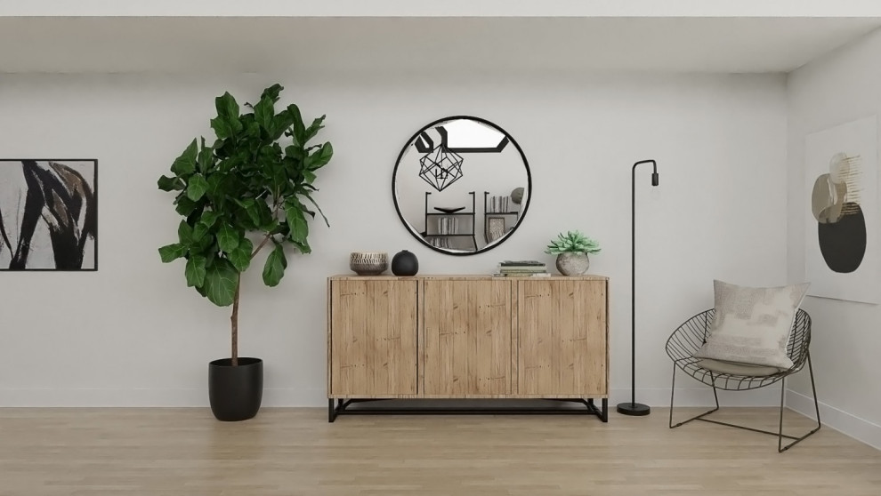 Imagen de salón abierto minimalista grande sin chimenea con paredes blancas, suelo de madera clara, televisor colgado en la pared y suelo beige
