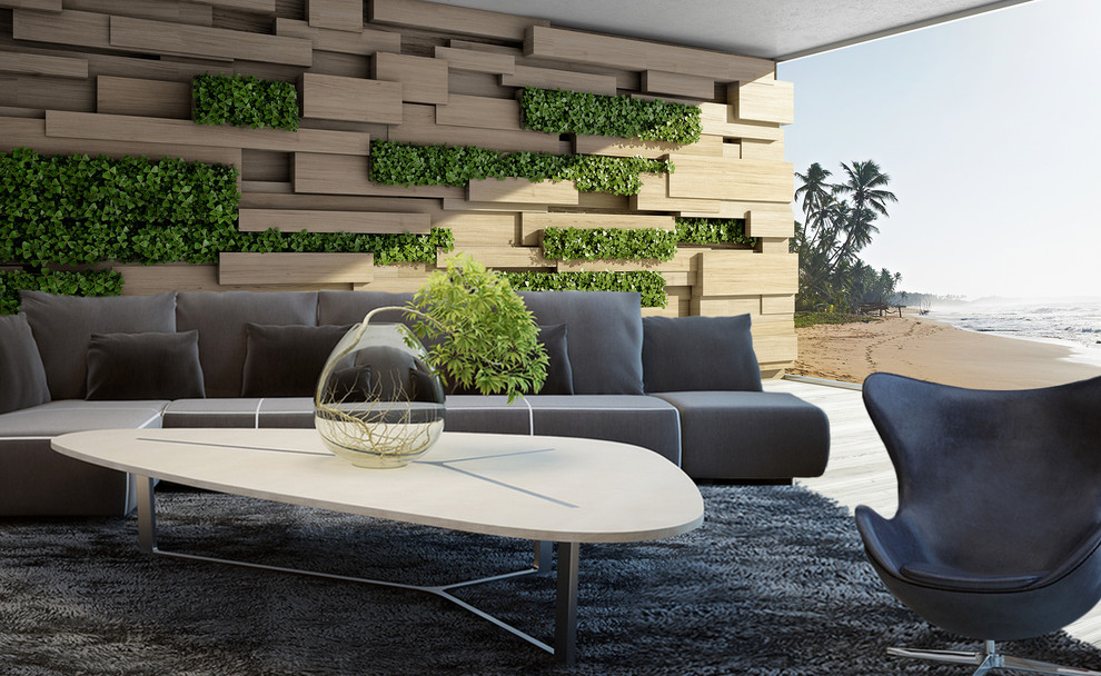 Idee per un soggiorno moderno di medie dimensioni e aperto con pareti beige, pavimento in gres porcellanato e pavimento grigio