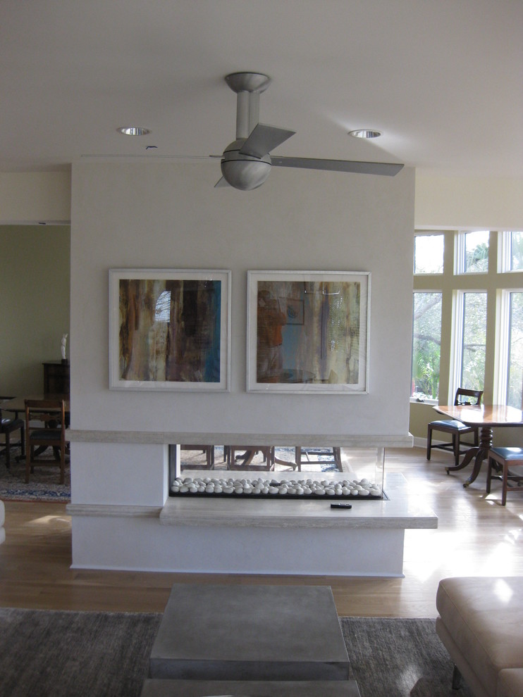 Open Three Sided Gas Fireplace with Floating Hearth Contemporary