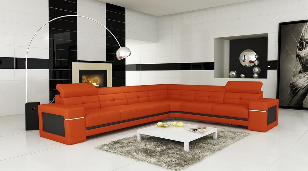 Orange and Black Bonded Leather Sectional Sofa with Adjustable Headrests Modern Living Room