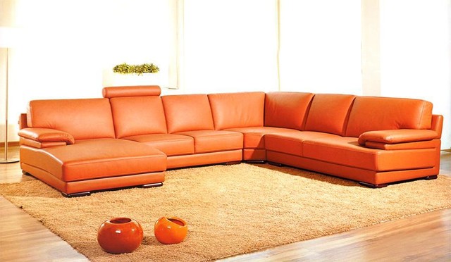 Orange Sectional Leather Sofa with Chaise - Modern - Living Room - Los  Angeles - by EuroLux Furniture | Houzz