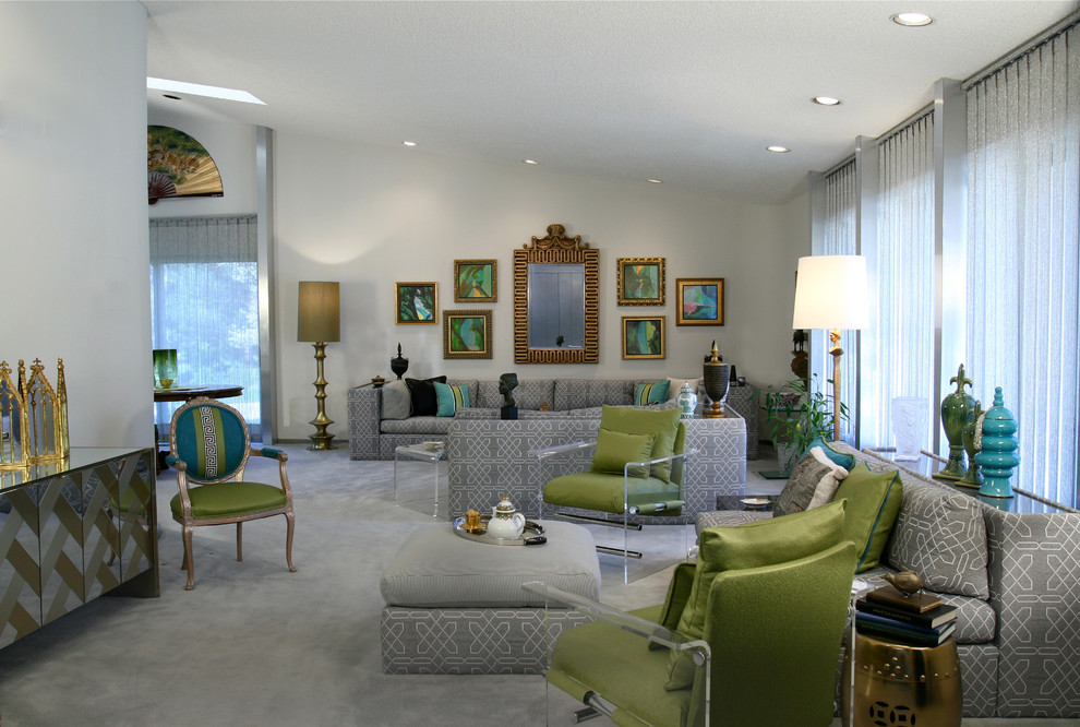 This is an example of a large eclectic formal and grey and teal open plan living room in Detroit with grey walls, carpet, no fireplace and no tv.