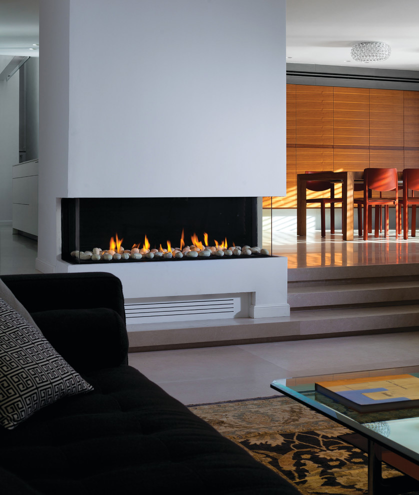 This is an example of a contemporary living room in Denver with white walls, porcelain flooring, a ribbon fireplace and a plastered fireplace surround.