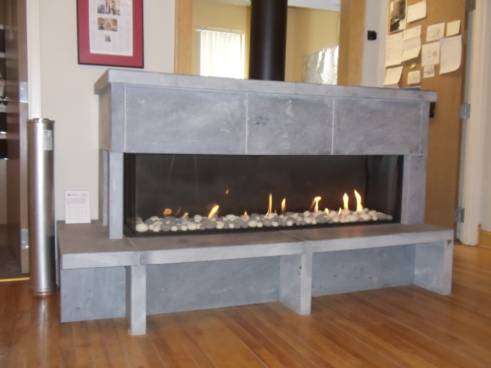 Ortal linear gas fireplace with Soapstone enclosure Contemporary