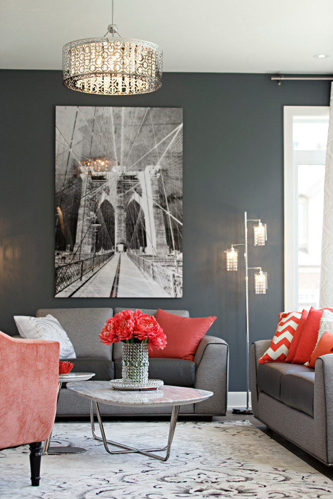 Идея дизайна: гостиная комната в стиле модернизм с серыми стенами