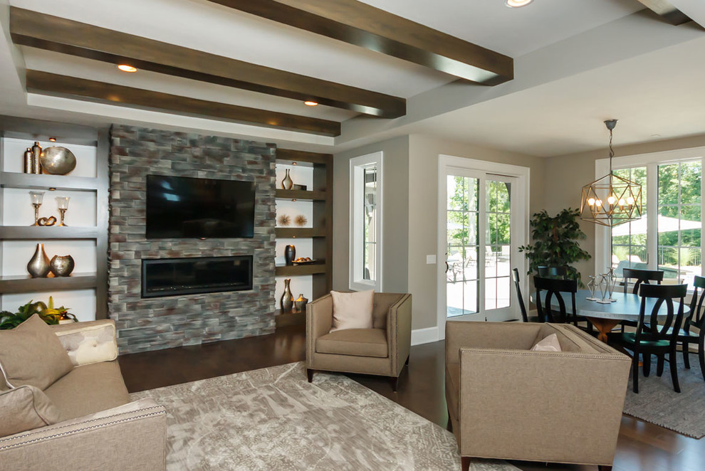 Photo of an expansive rural formal open plan living room in Cleveland with grey walls, light hardwood flooring, a ribbon fireplace, a stone fireplace surround and a wall mounted tv.