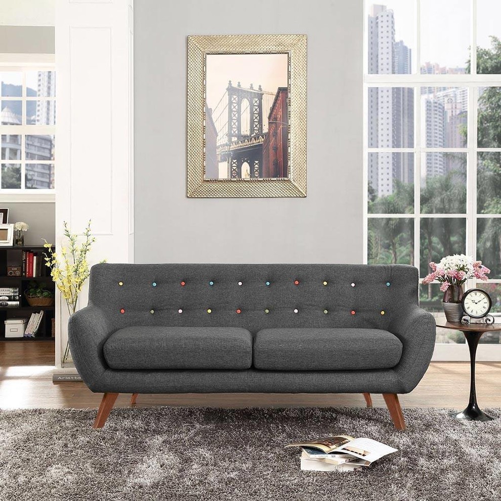 This is an example of a medium sized modern formal mezzanine living room in Montreal with grey walls, light hardwood flooring, no fireplace and brown floors.