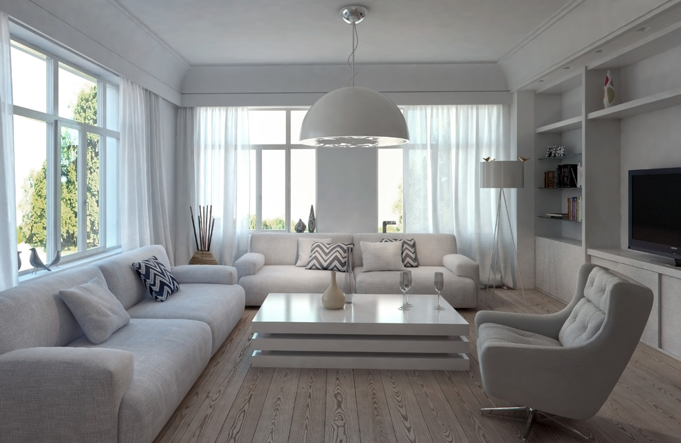 Diseño de salón cerrado moderno de tamaño medio con paredes blancas, suelo de madera en tonos medios y pared multimedia