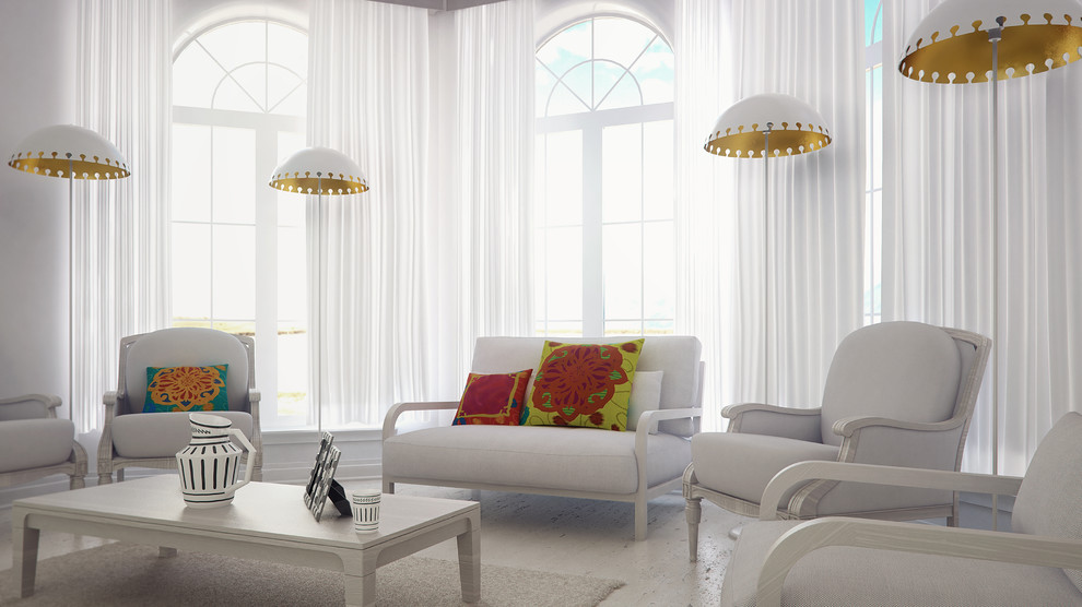 Imagen de salón para visitas abierto moderno grande sin chimenea con paredes blancas, suelo de madera clara y televisor retractable