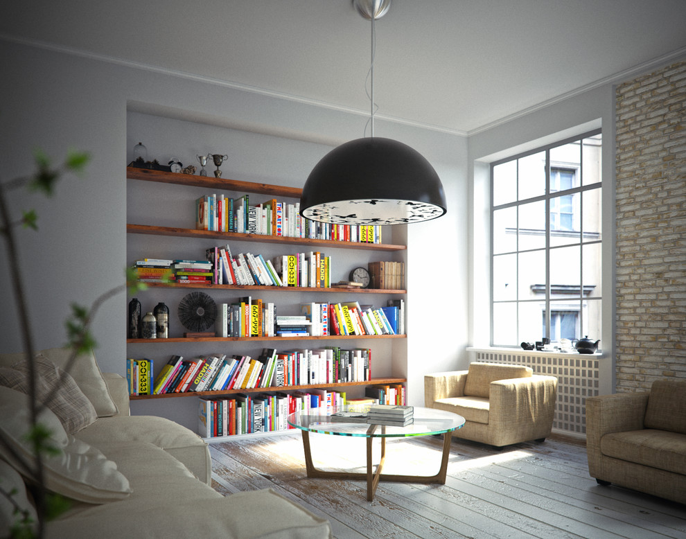 Idéer för mellanstora funkis loftrum, med ett bibliotek, vita väggar och ljust trägolv