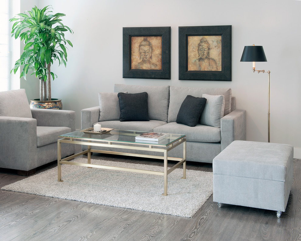 Immagine di un soggiorno classico di medie dimensioni e chiuso con sala formale, parquet scuro, pavimento marrone e pareti grigie