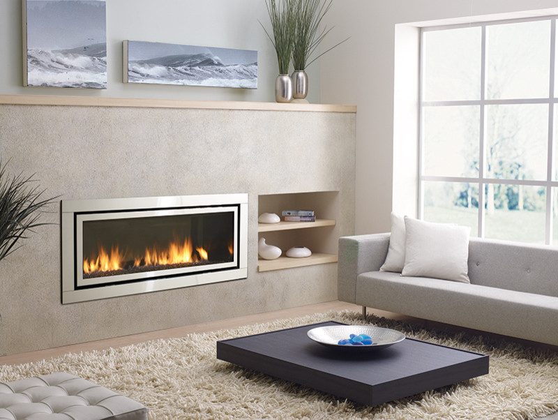 Modern living room in San Luis Obispo with a ribbon fireplace.