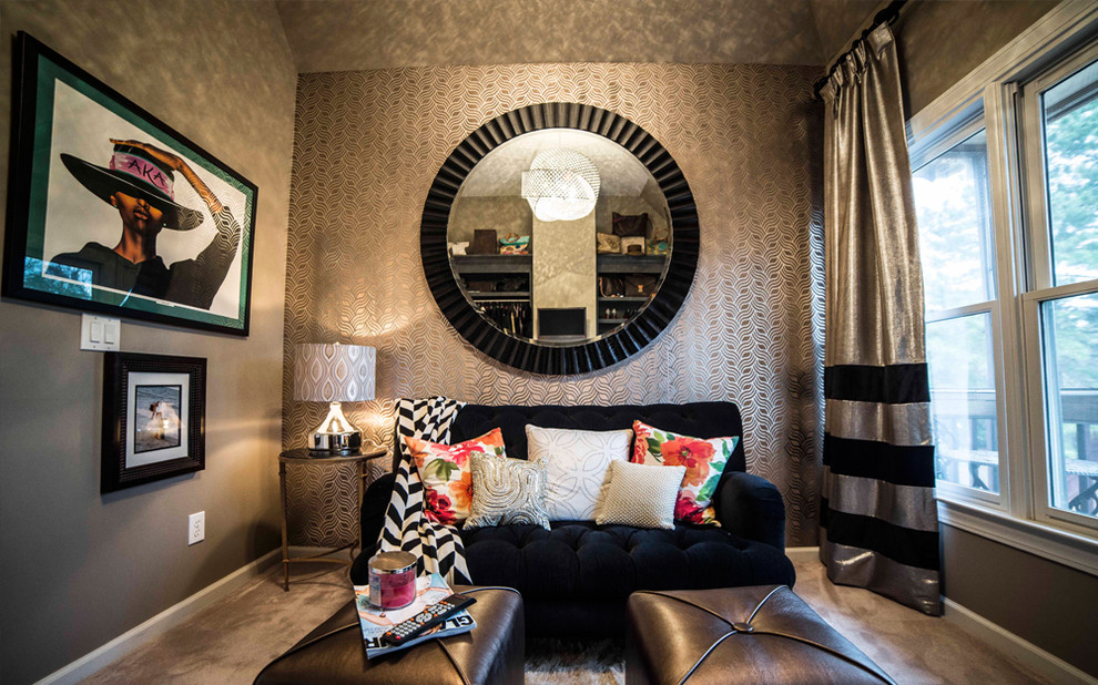 Imagen de salón para visitas abierto contemporáneo de tamaño medio sin chimenea y televisor con paredes beige, moqueta y suelo gris