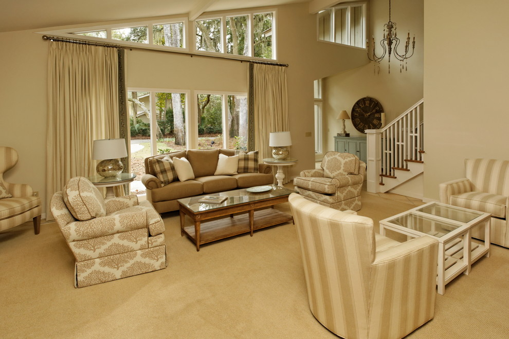 Photo of a traditional open plan living room in Atlanta with beige walls, carpet and no tv.