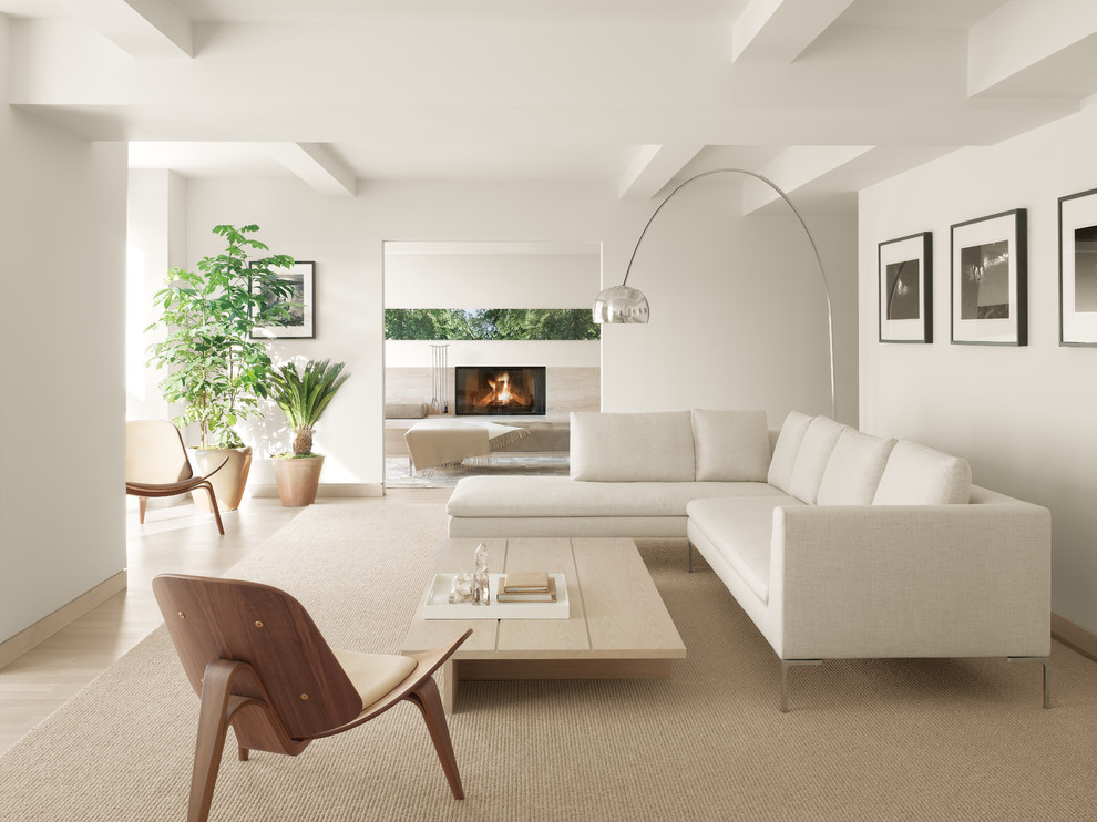 Danish formal light wood floor living room photo in New York with white walls, a standard fireplace and no tv