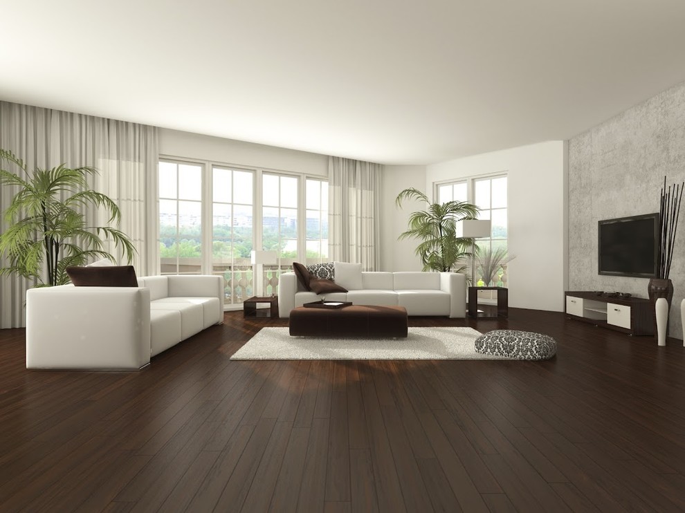 Идея дизайна: открытая гостиная комната среднего размера в морском стиле с белыми стенами и телевизором на стене без камина