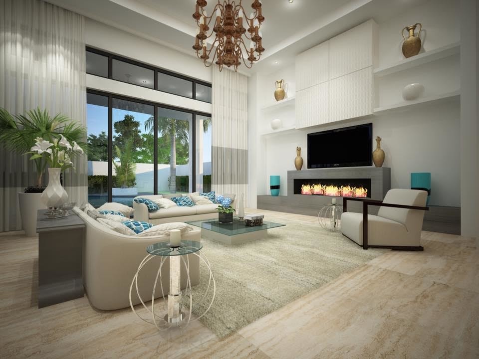 Идея дизайна: парадная, открытая гостиная комната среднего размера в современном стиле с белыми стенами, горизонтальным камином и телевизором на стене
