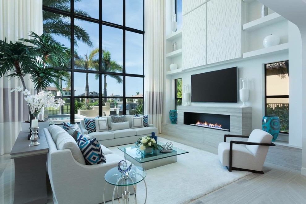 Inspiration for a medium sized contemporary formal open plan living room in Miami with white walls, a ribbon fireplace, a tiled fireplace surround and a wall mounted tv.
