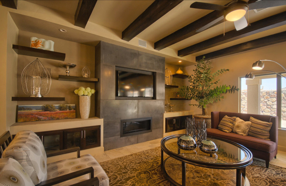 Mid-sized elegant open concept porcelain tile and beige floor living room photo in Austin with beige walls, a standard fireplace, a concrete fireplace and a media wall