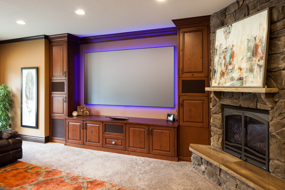 Photo of a large classic formal enclosed living room in Chicago with brown walls, carpet, a standard fireplace, a stone fireplace surround and a wall mounted tv.