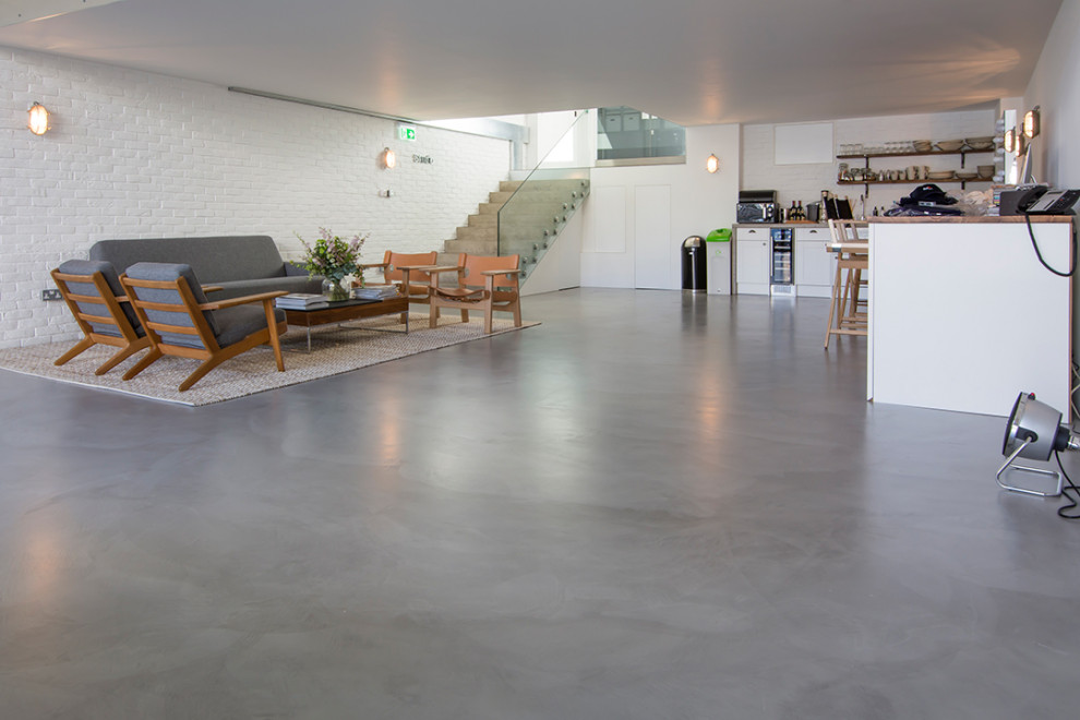 Idee per un soggiorno design con pavimento in cemento e pavimento grigio