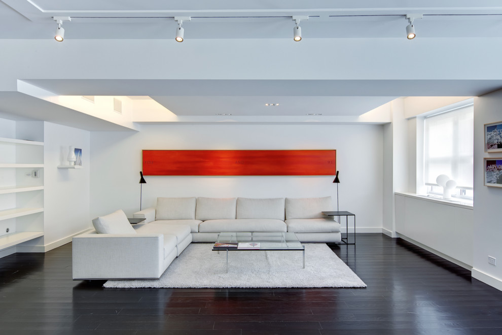 Großes, Abgetrenntes, Repräsentatives, Fernseherloses Modernes Wohnzimmer ohne Kamin mit weißer Wandfarbe und dunklem Holzboden in New York