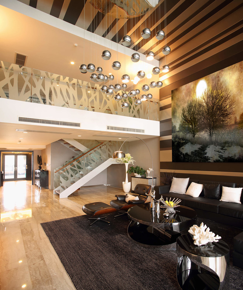Источник вдохновения для домашнего уюта: парадная гостиная комната в стиле модернизм с коричневыми стенами и мраморным полом