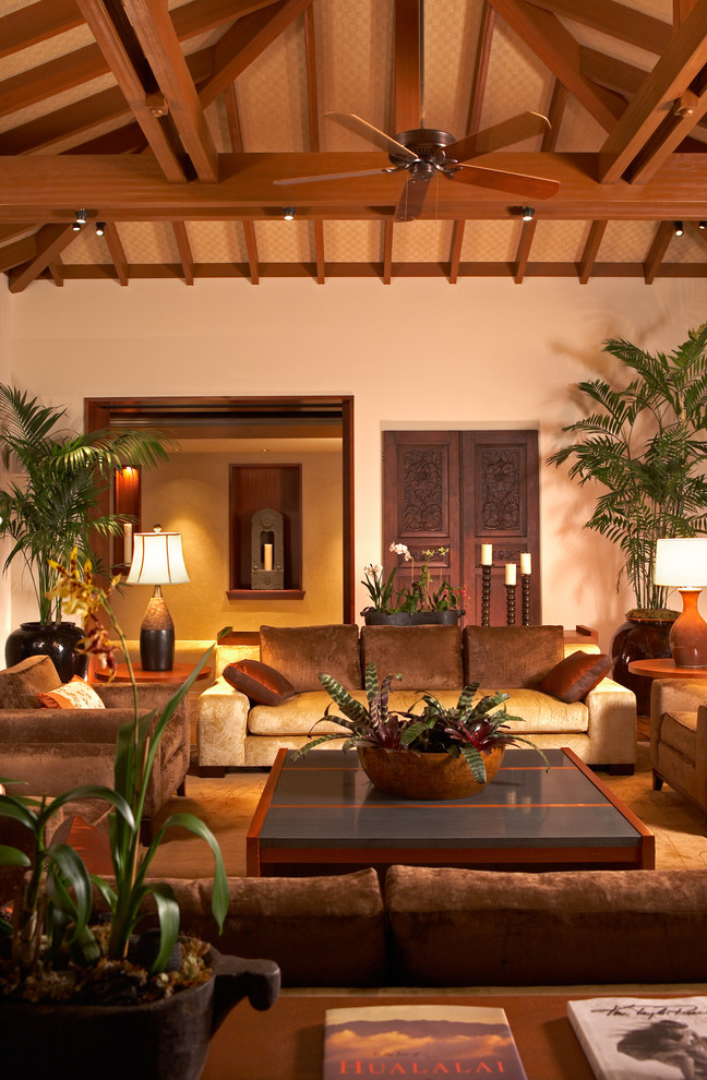 Huge island style living room photo in Hawaii with beige walls