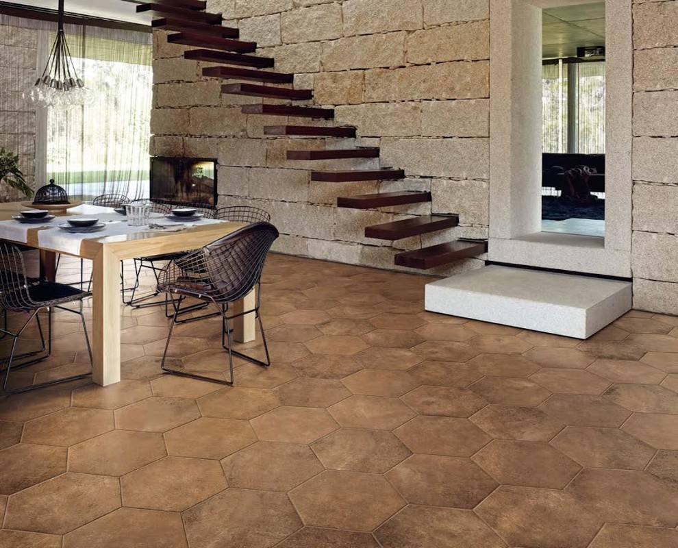 Inspiration for a modern living room in Las Vegas with porcelain flooring and brown floors.