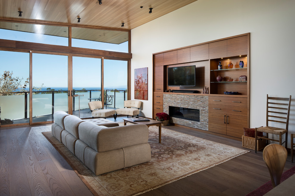 Modernes Wohnzimmer mit weißer Wandfarbe, dunklem Holzboden, Gaskamin, Kaminumrandung aus Stein und braunem Boden in San Francisco