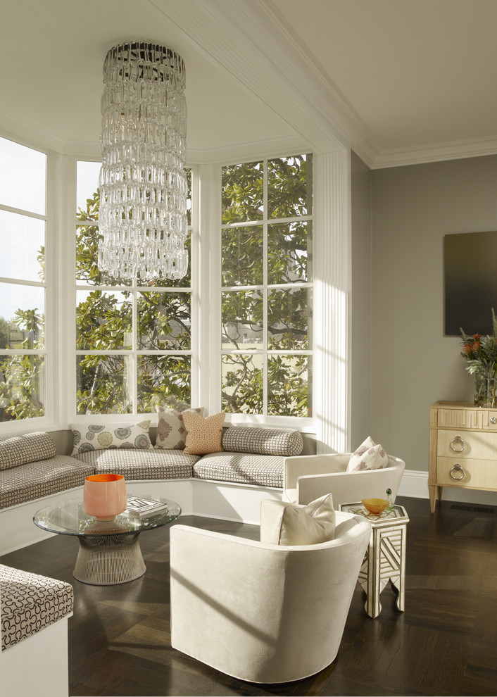 Classic living room in San Francisco with grey walls and dark hardwood flooring.