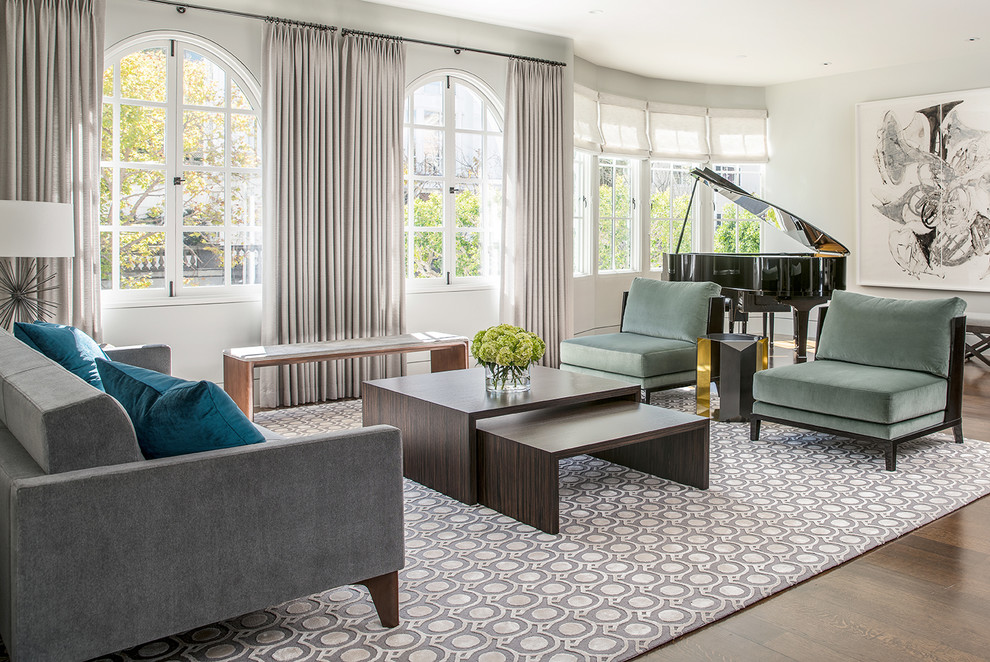 Inspiration for a large classic formal and grey and teal enclosed living room in San Francisco with grey walls and dark hardwood flooring.