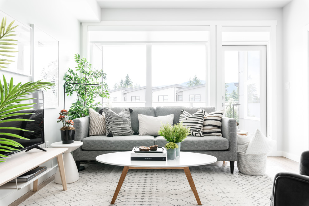 Esempio di un piccolo soggiorno minimal aperto con pareti grigie, pavimento in vinile e TV autoportante