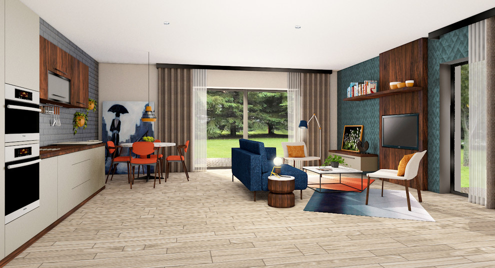 Immagine di un soggiorno design di medie dimensioni con pavimento con piastrelle in ceramica, TV a parete e pavimento beige