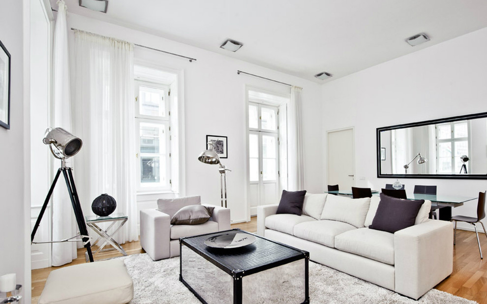 Foto di un soggiorno minimal di medie dimensioni con pareti bianche e pavimento in legno massello medio