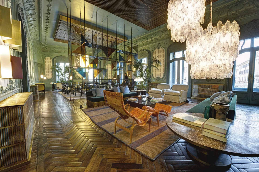 Свежая идея для дизайна: большая гостиная комната в стиле фьюжн - отличное фото интерьера