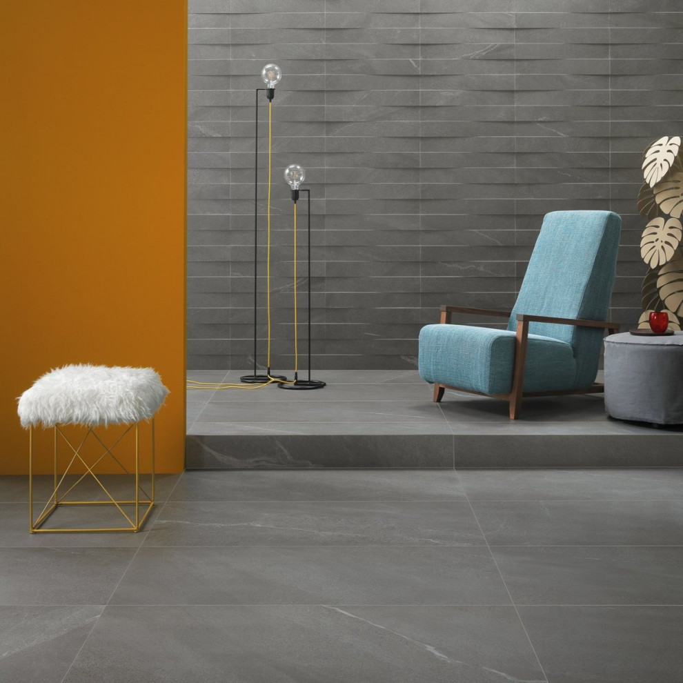 Inspiration pour un salon design avec un mur gris, un sol en carrelage de porcelaine et un sol gris.