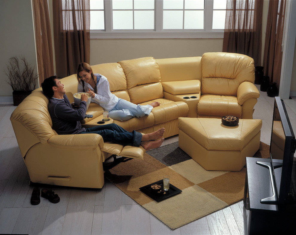 Example of a mid-sized trendy formal and enclosed bamboo floor and brown floor living room design with beige walls, no fireplace and no tv