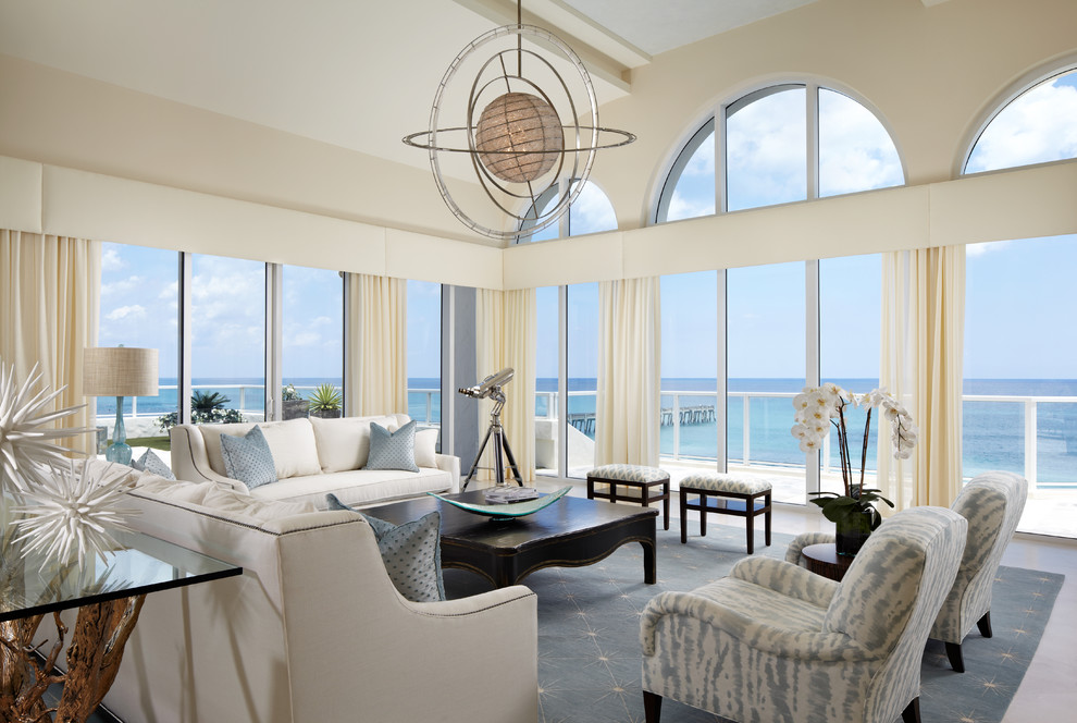 Coastal formal open plan living room in Miami with no fireplace and no tv.