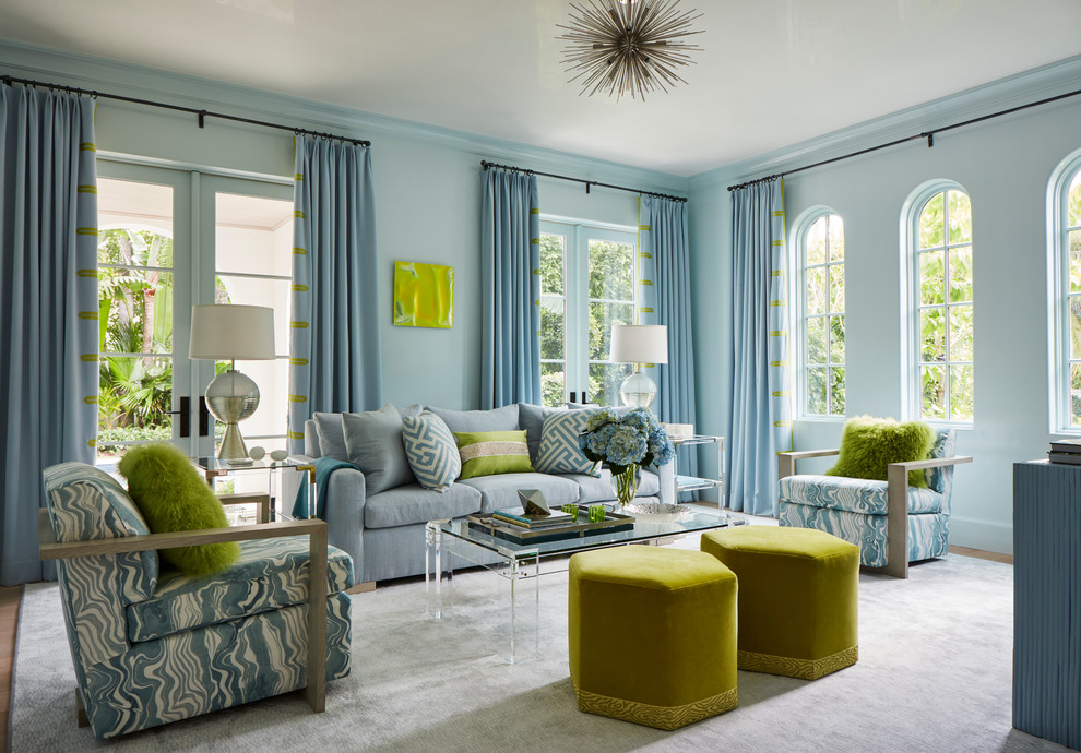 Ispirazione per un soggiorno stile marino con sala formale e pareti blu