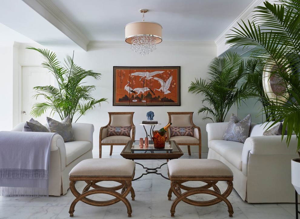 Mittelgroßes, Repräsentatives Stilmix Wohnzimmer mit beiger Wandfarbe, Marmorboden und weißem Boden in Miami
