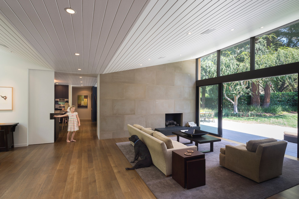 Immagine di un soggiorno moderno con sala formale, nessuna TV, pareti bianche, pavimento in legno massello medio, camino classico e tappeto