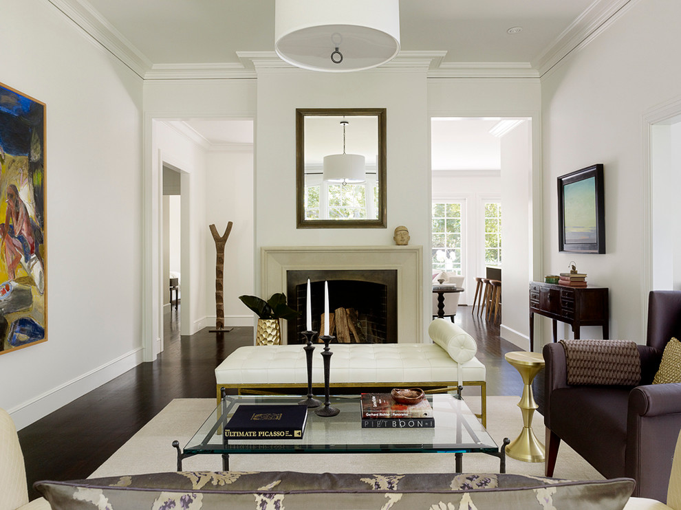 Living room - transitional living room idea in San Francisco with a stone fireplace and white walls