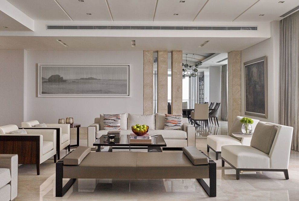 Immagine di un grande soggiorno moderno chiuso con sala formale, pareti bianche, pavimento in marmo e nessuna TV