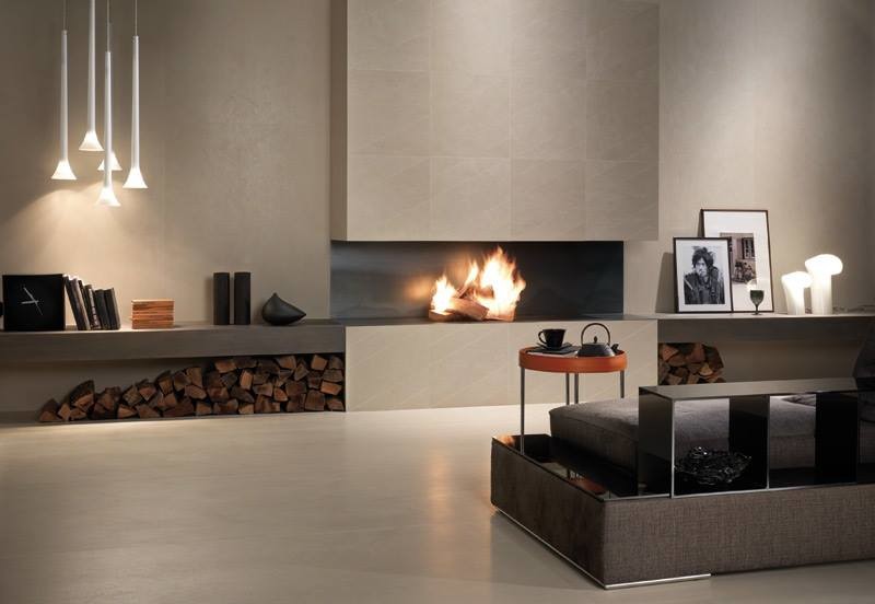 Living room - large modern open concept concrete floor and gray floor living room idea in Atlanta with gray walls, a ribbon fireplace and a tile fireplace