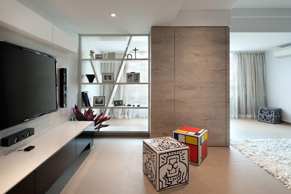 Example of a large minimalist formal and enclosed porcelain tile living room design in Singapore with gray walls and a wall-mounted tv