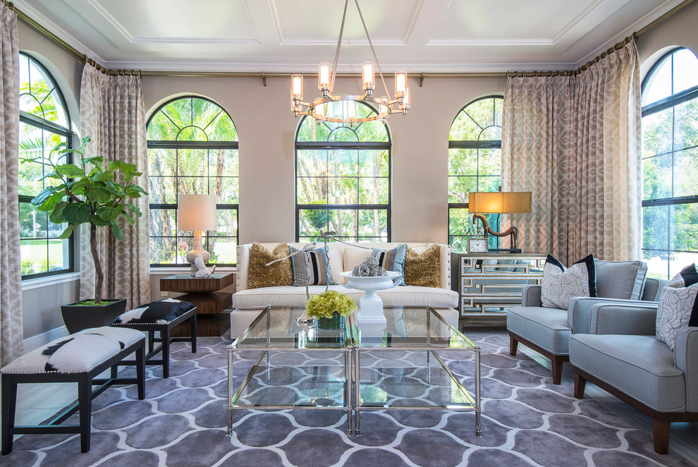 Inspiration for a transitional formal wood ceiling and beige floor living room remodel in Orlando with beige walls