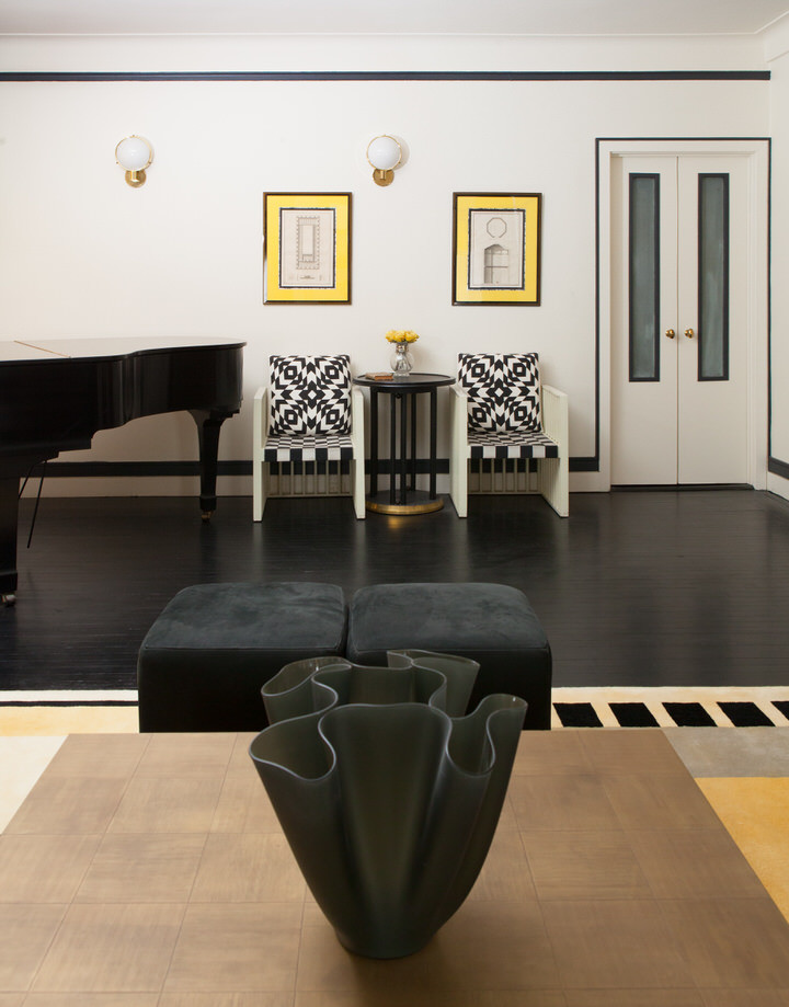 Living room - huge modern open concept dark wood floor living room idea in New York with white walls