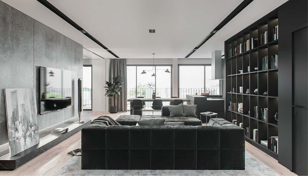 Idee per un grande soggiorno minimal con pareti grigie, parquet chiaro, TV a parete e pavimento beige
