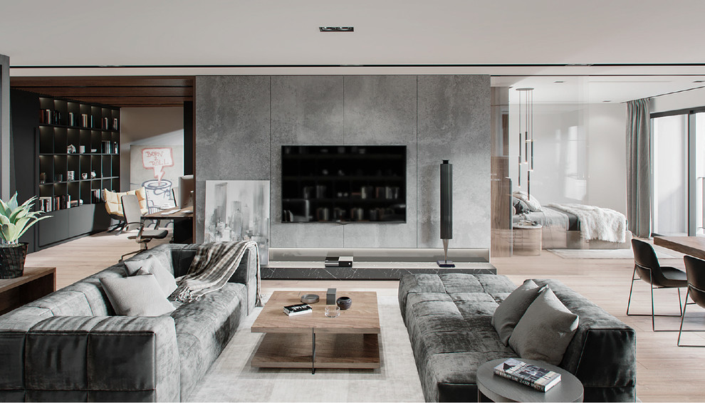 Bild på ett stort eklektiskt loftrum, med ett finrum, grå väggar, mellanmörkt trägolv, en väggmonterad TV och brunt golv